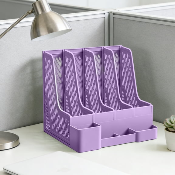 4 Tier Desktop File Organizer with Detachable Pen Mount, Multi Compartment Document Sorter Rack, Space Saving Office Desk Storage for Letter A4 Files and Stock