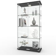 4-Tier Display Cabinet, Tempered Glass Curio Showcase with LED Light & Lock, Double Doors Storage Cabinet for Living Room Bedroom Office