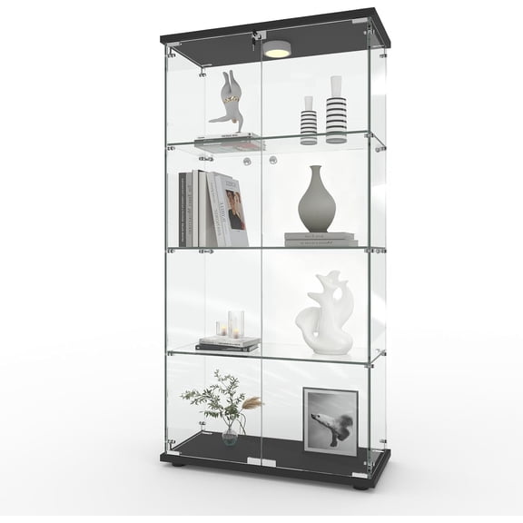 4-Tier Display Cabinet, Tempered Glass Curio Showcase with LED Light & Lock, Double Doors Storage Cabinet for Living Room Bedroom Office