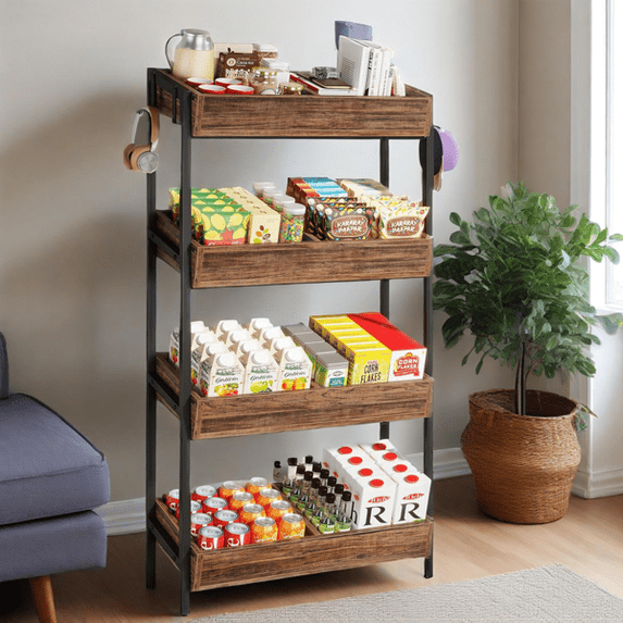 4-Tier Display Rack Stand, Particleboard Shelves with 4 Metal Hooks, Heavy-Duty Metal Frame - Organizer for Retail, Kitchen & Office
