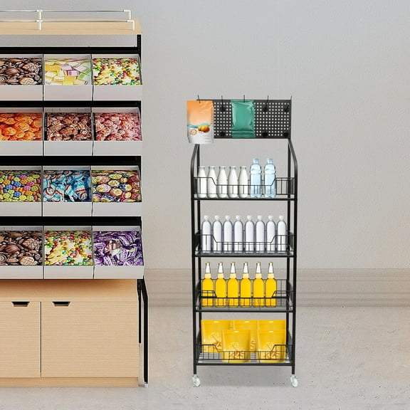 4-Tier Display Snack Rack with Adjustable Shelves, Hanging Board, Universal Wheels & Hooks for Storage, Black - Perfect for Snacks, Fruits, and Household Items