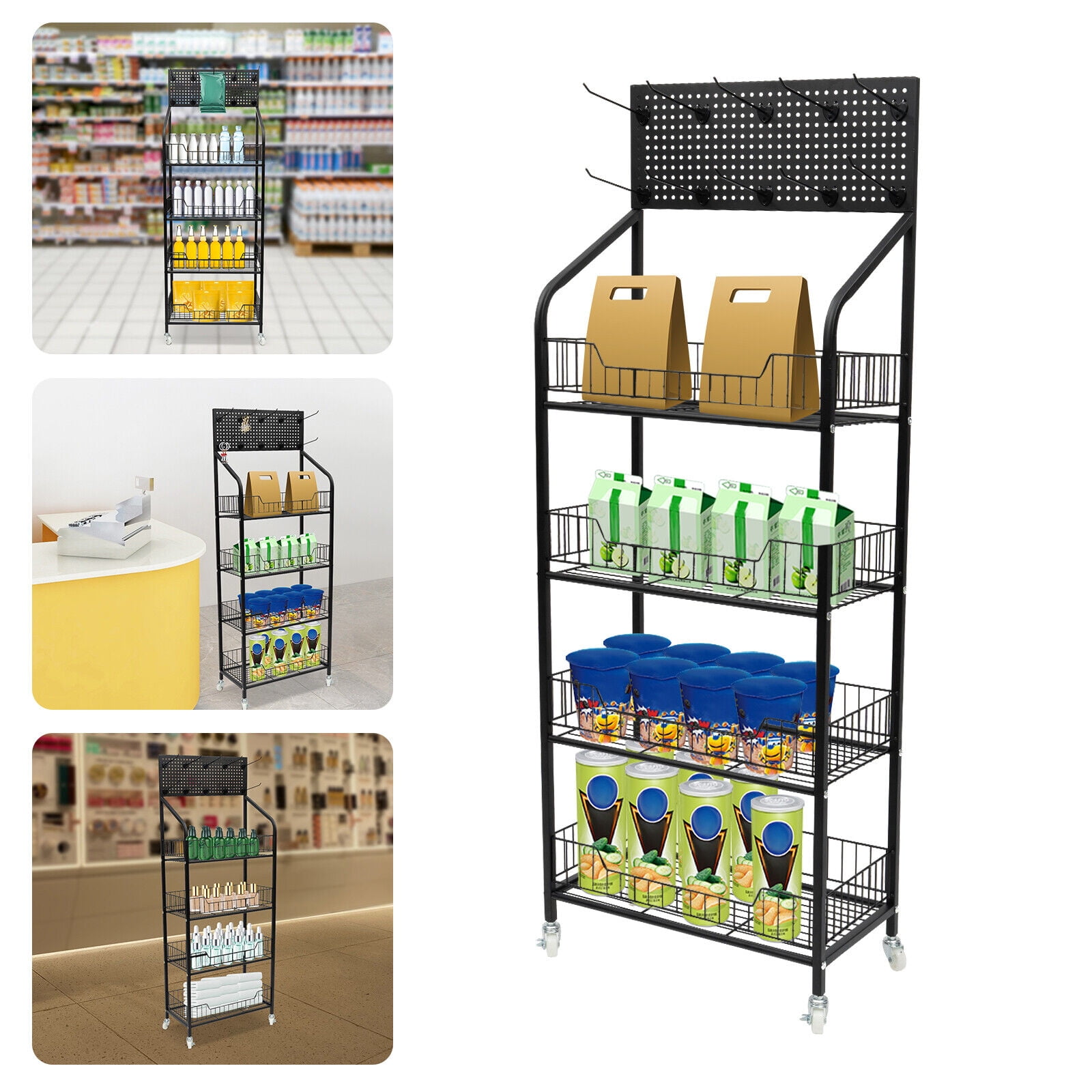 4-Tier Display Snack Rack with Wheels and Hooks – Heavy Duty Metal ...