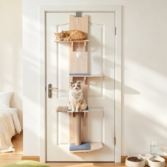 4-Tier Door Hanging Cat Tree Tower, Door Hanging Cat Climber with Scratching Post, Pads and Cat Ball, Vertical Cat Furniture for Small Cats