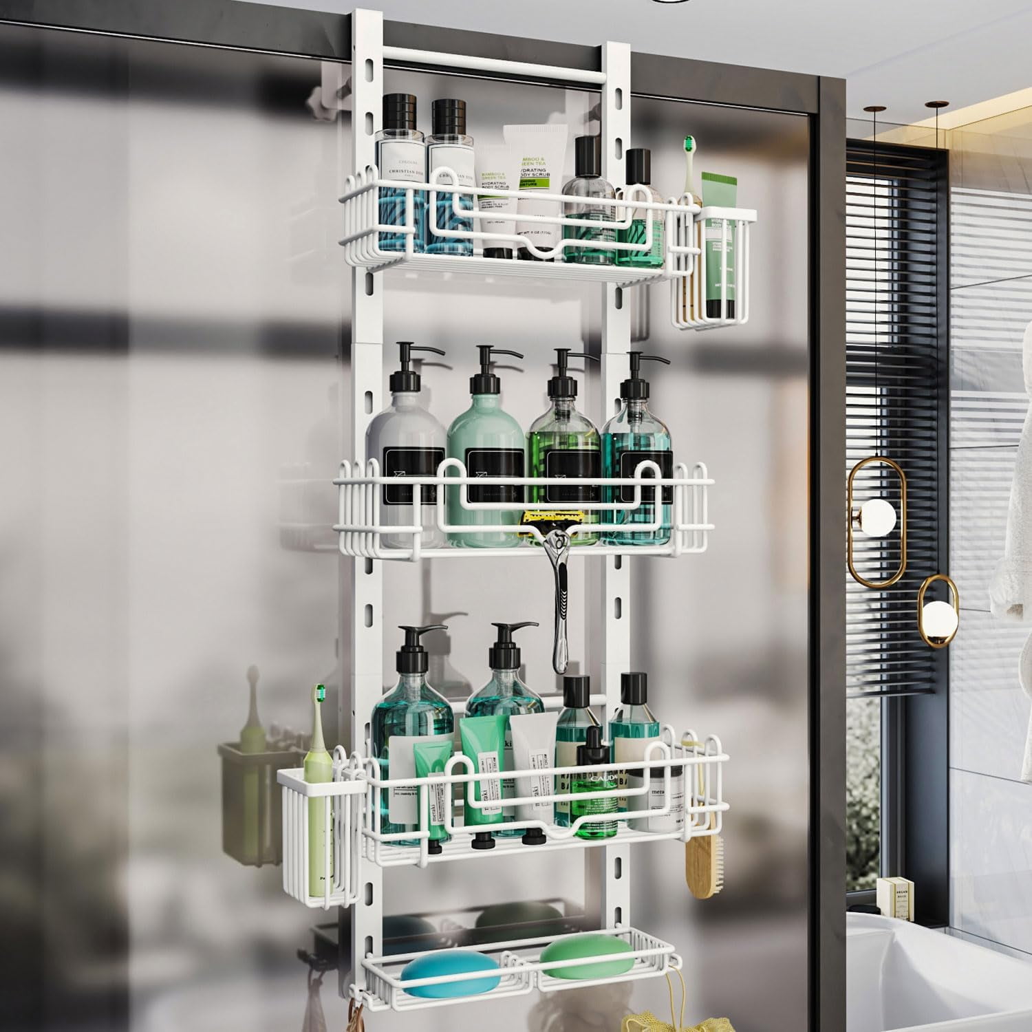 4 Tier Over the Door Shower Caddy, Hanging Shower Caddy with 22 Hooks and 2 Toothbrush Holders, No Drilling Adjustable Hanging Bathroom Organizer - White