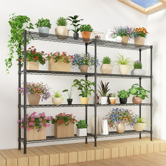 4-Tier Double Row Adjustable Display Shelf, 58" Wide Metal Storage Rack, Freely Adjustable Shelves with Leveling Feet, Powder Coated Black