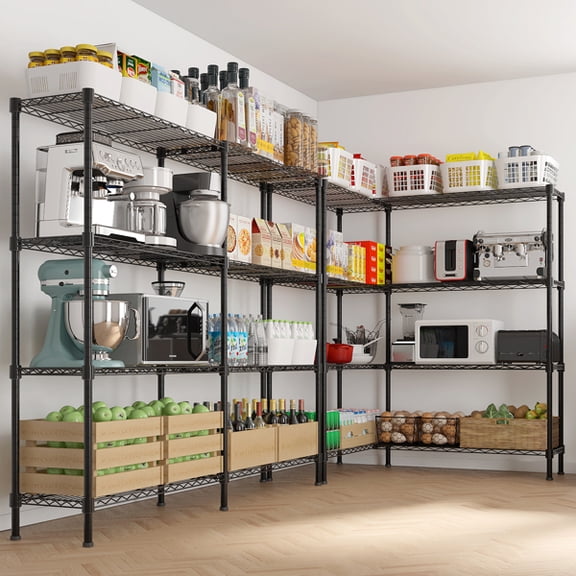 4-Tier Double Row Display Stand, Adjustable Shelving with Leveling Feet, Powder-Coated Black Metal Storage Rack