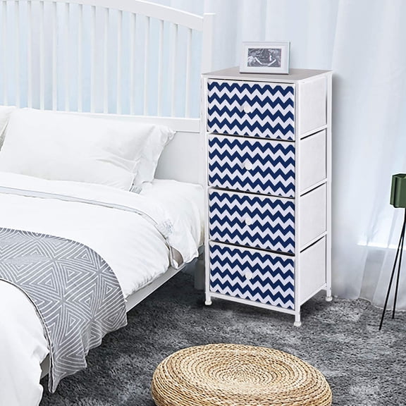 4-Tier Drawer Cabinet with Blue White Herringbone Pattern, Modern Storage Organizer with White Metal Frame, Fabric Drawers and Easy-Grip Handles for Bedroom, Office, Living Room
