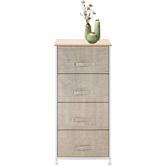 4-Tier Dresser Tower, Fabric Drawer Organizer With 4 Easy Pull Drawers With Metal Frame,Wooden Tabletop For Living Room, Closet, Linen/Natural