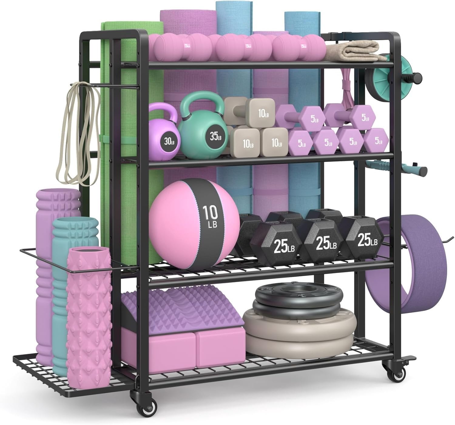 4-Tier Dumbbell Rack Stand Only, Adjustable Weight Rack for Dumbbells Kettlebells Yoga Mat,  Gym Storage Rack with Wheels and Hooks,  Coated Finish