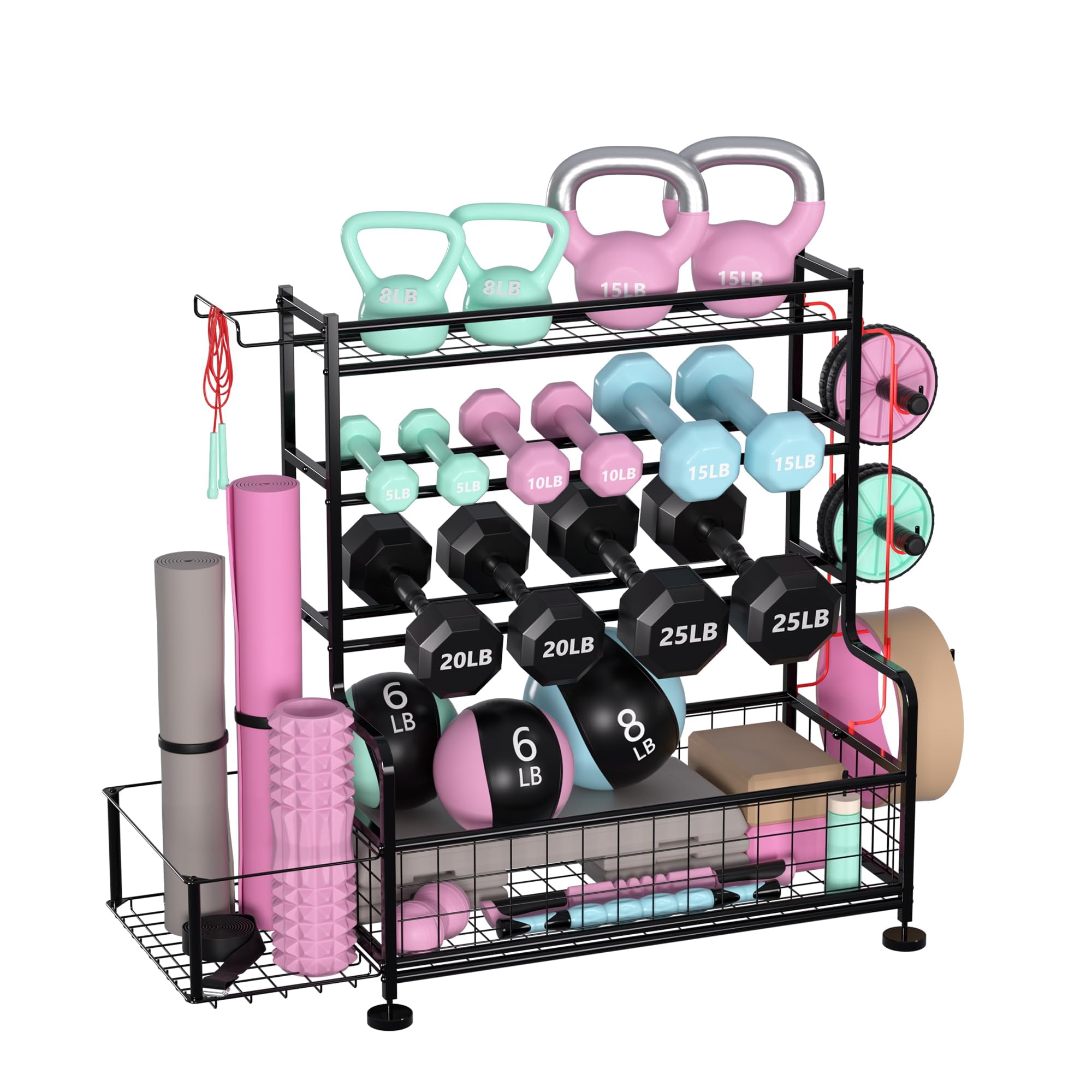 4-Tier Dumbbell Rack Weight Stand with Wheels for Home Gym, Multi-functional Storage Rack for Yoga Mat Kettlebells Dumbbells and Workout Equipment, Heavy Duty Carbon Steel, Black (Rack Only)