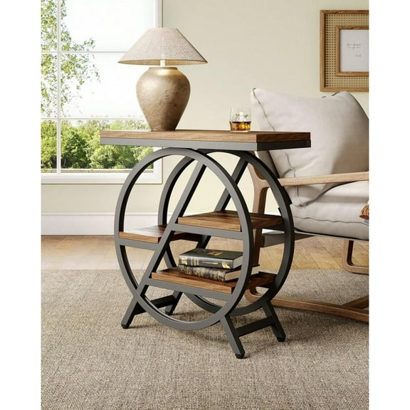 4-Tier End Table, Rustic Brown Narrow Side Table with Storage, Wood Top Metal Frame Industrial Sofa Side Table, Bedroom Nightstand
