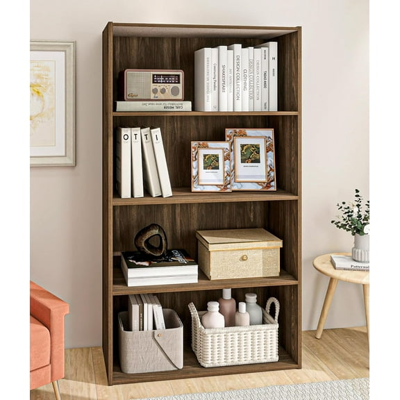 4-Tier Engineered Wood Bookshelf, Space Saving Bookshelf with 3 Shelves, 9 Inch Deep Bookcase with Storage, Book Shelves for Bedroom, Living Room, Office, Dark Brown