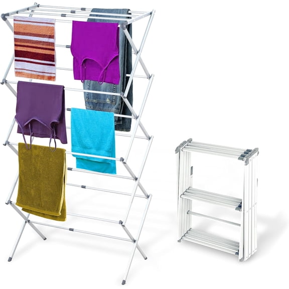 4-Tier Expandable Collapsible Clothes Drying Rack, Telescopic Height, Foldable Space-Saving Laundry Air Dryer for Towels, Shirts & Delicates Durable Steel, No Tools Needed