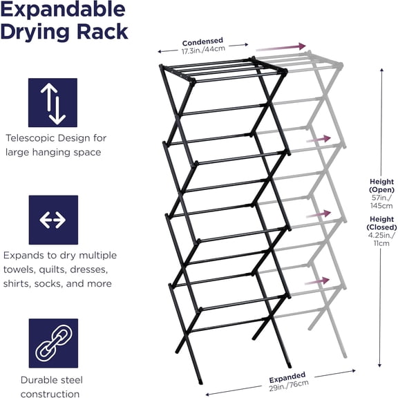 4-Tier Expandable Collapsible Clothes Drying Rack, Telescopic Height, Foldable Space-Saving Laundry Air Dryer for Towels, Shirts & Delicates – Steel, No Tools Needed
