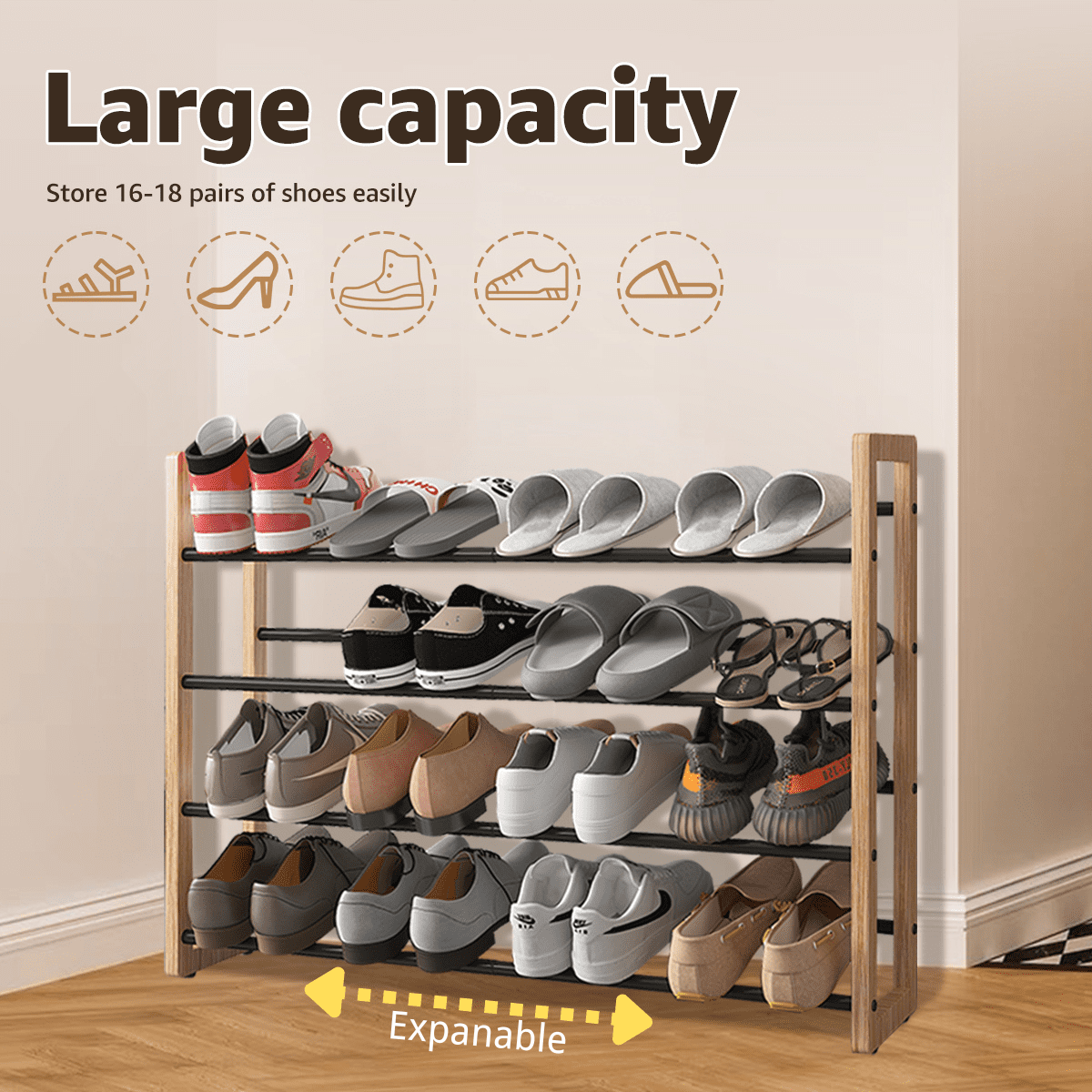 4-Tier Expandable Shoe Rack, Adjustable Shoes Organizer Storage
