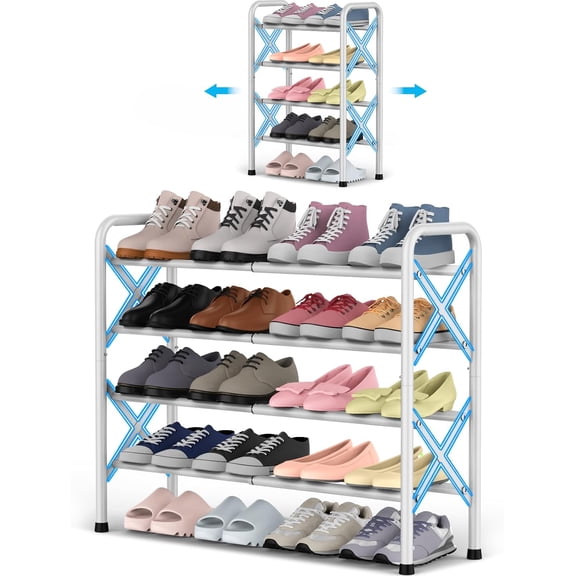 4-Tier Expandable Shoe Rack X-Frame Metal Adjustable Shoe Shelf Organizer Free Standing White