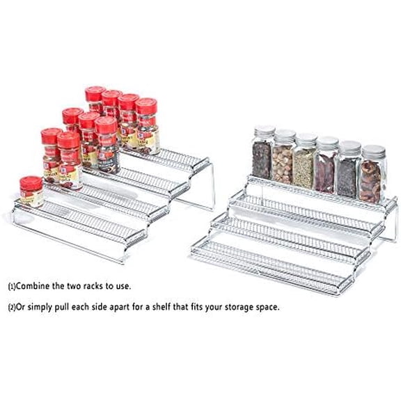 4 Tier Expandable Spice Rack Organizer (11.4 to 22.8 Inch) Step Shelf Spice Storage Holder, for Kitchen Cabinet Countertop Cupboard Pantry, Metal, Chrome