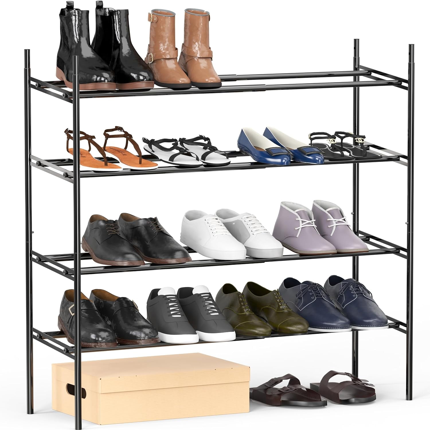 4-Tier Expandable and Stackable Shoe Racks with Shelves for 16 Pairs of ...