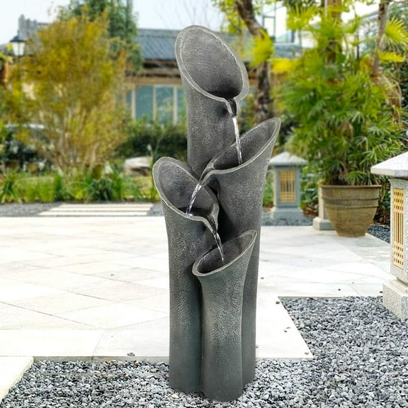 4-Tier Faux Stone LED Floor Fountain, 33.5 Inch Waterfall Outdoor Fountain LED Illuminated Water Feature for Patio Garden