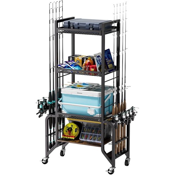 4-Tier Fishing Rod Rack for Garage and Pool Room Storage, Mobile Fishing Rod Holder for Organizing Rods, Fishing Gear, and Tackle, Heavy Duty Design for Indoor & Outdoor Use