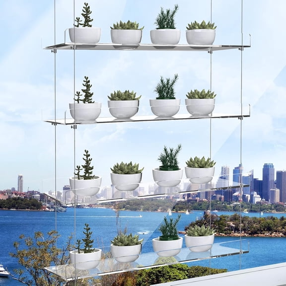 4-Tier Floating Acrylic Plant Shelf Each Tier 16 Inch Long, Height Adjustable for Indoor Garden, Ideal for Herbs & Flowers in Sunlit Spaces