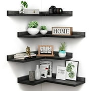 4 Tier Floating Corner Shelves Black Set of 4, Rustic Pine Wooden Floating Corner Wall Shelf for Wall Décor Storage, L Shaped Corner Shelf Wall Mount for Bedroom, Living Room, Bathroom, Kitchen.