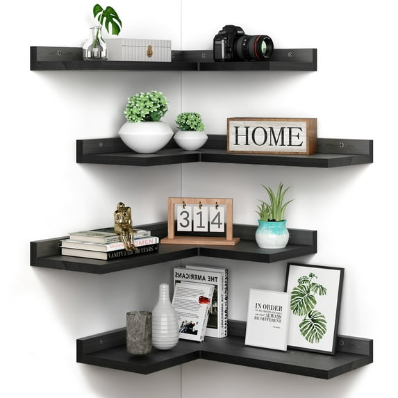 4 Tier Floating Corner Shelves Black Set of 4, Rustic Pine Wooden Floating Corner Wall Shelf for Wall Décor Storage, L Shaped Corner Shelf Wall Mount for Bedroom, Living Room, Bathroom, Kitchen.
