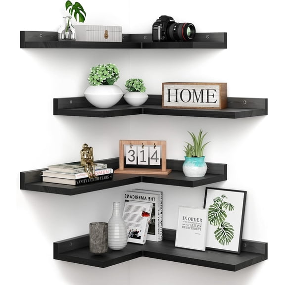 4 Tier Floating Corner Shelves Black Set of 4, Rustic Pine Wooden Floating Corner Wall Shelf for Wall Décor Storage, L Shaped Corner Shelf Wall Mount For Bedroom, Living Room, Bathroom, Kitchen.
