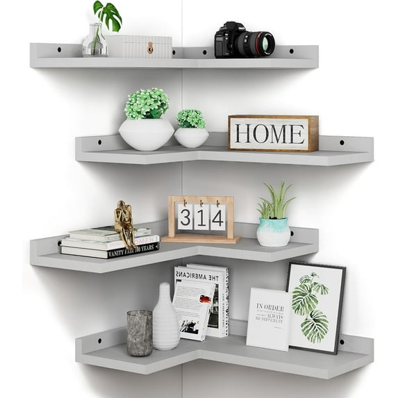 4 Tier Floating Corner Shelves Grey Set of 4, Rustic Pine Wooden Floating Corner Wall Shelf for Wall Décor Storage, L Shaped Corner Shelf Wall Mount for Bedroom, Living Room, Bathroom, Kitchen.