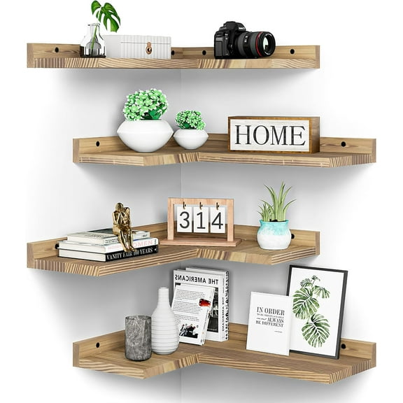 4 Tier Floating Corner Shelves Set of 4, Rustic Pine Wood Floating Corner Wall Shelf for Wall Décor Storage, L Shaped Corner Shelf Wall Mount for Bedroom,Living Room,Bathroom,Kitchen,Carbonized Black