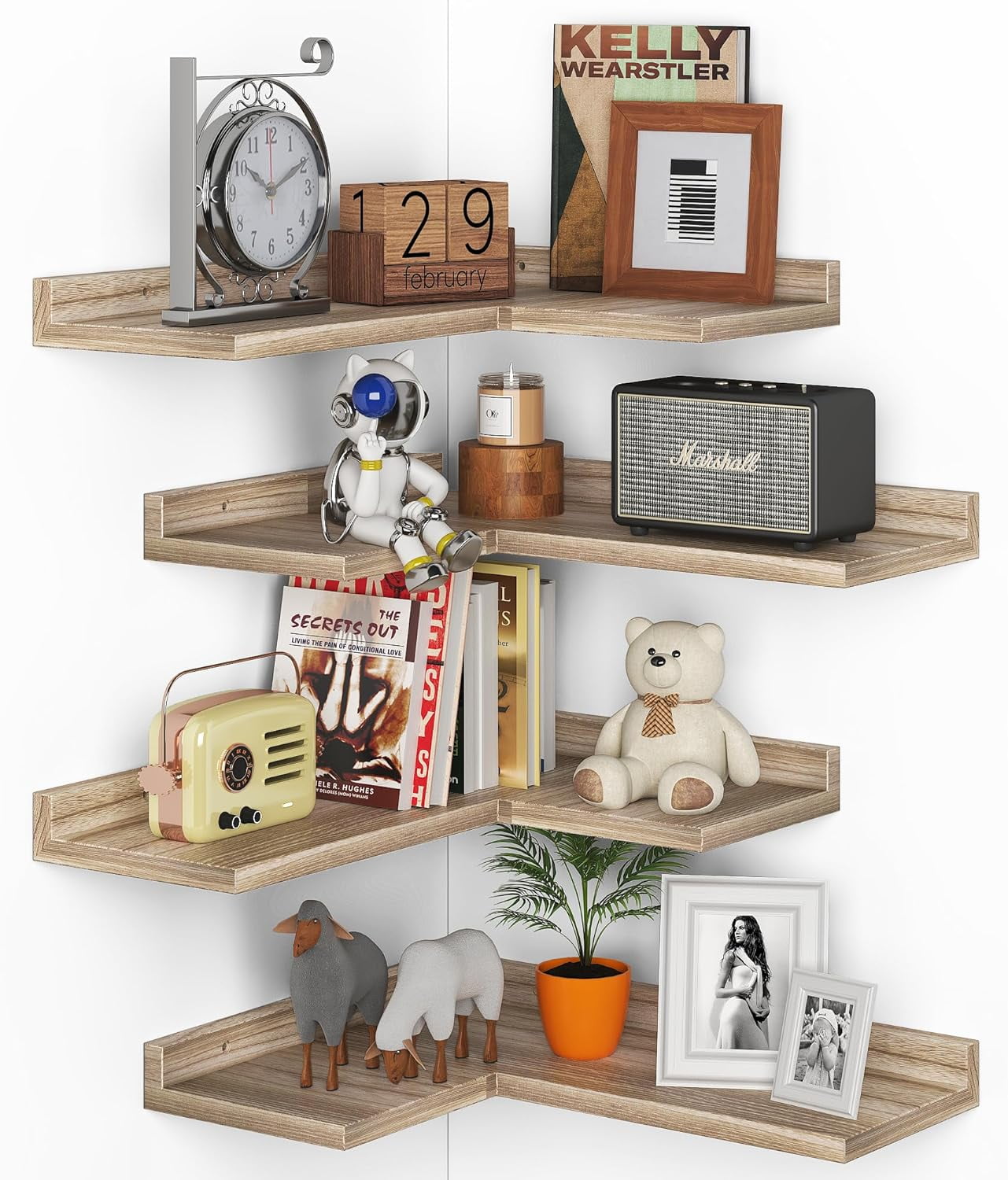 Carbonized Black 4-Tier Floating Corner Wall Shelves
