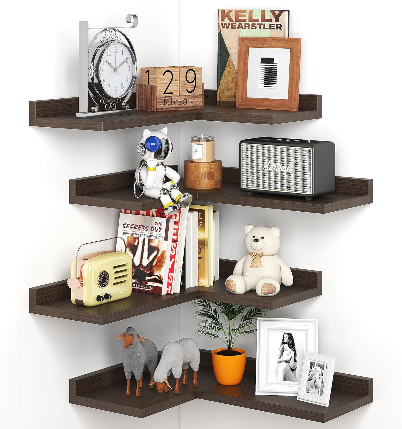 Carbonized Black 4-Tier Floating Corner Wall Shelves