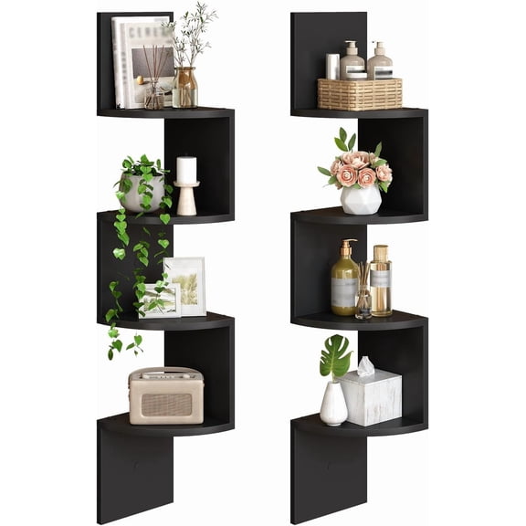 4-Tier Floating Corner Shelves, Set of 2 Retro Zigzag Wall-Mounted Storage Shelves