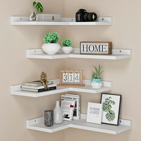 4 Tier Floating Corner Shelves White Set of 4, Rustic Pine Wooden Floating Corner Wall Shelf for Wall Décor Storage, L Shaped Corner Shelf Wall Mount for Bedroom, Living Room, Bathroom, Kitchen