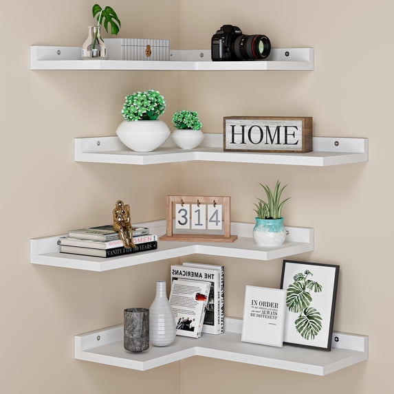 4 Tier Floating Corner Shelves White Set of 4, Rustic Pine Wooden Floating Corner Wall Shelf for Wall Décor Storage, L Shaped Corner Shelf Wall Mount for Bedroom, Living Room, Bathroom, Kitchen