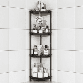 TINANA 4 Tier Floor Standing Corner Shower Caddy Organizer: Reinforced Plastic Shower Shelves with Extra-Tall Storage for Large Shampoo Bottles, Rustproof Bathroom Corner Shelf Rack with Hooks, Black