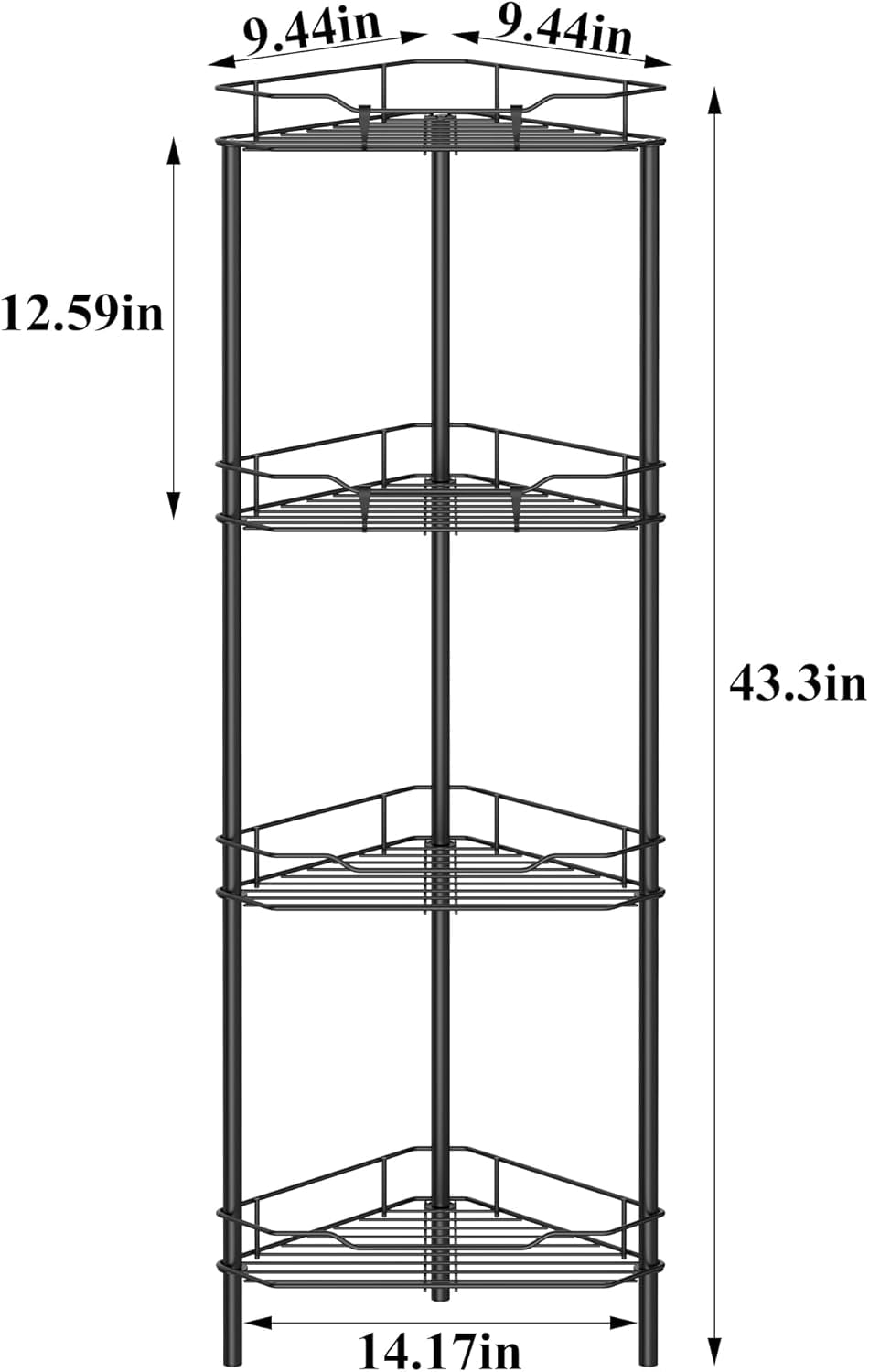4-Tier Floor Standing Corner Shower Caddy Organizer Shelf with Hooks, Bathroom Shelves Stand Rack, Black