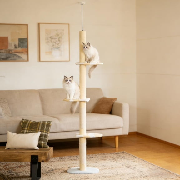 4-Tier Floor to Ceiling Cat Tree, Adjustable Height, Sisal Scratching Posts with Toy Ball, Plush Cat Tower with Anti-Slip Kit for Cats Under 10 lbs