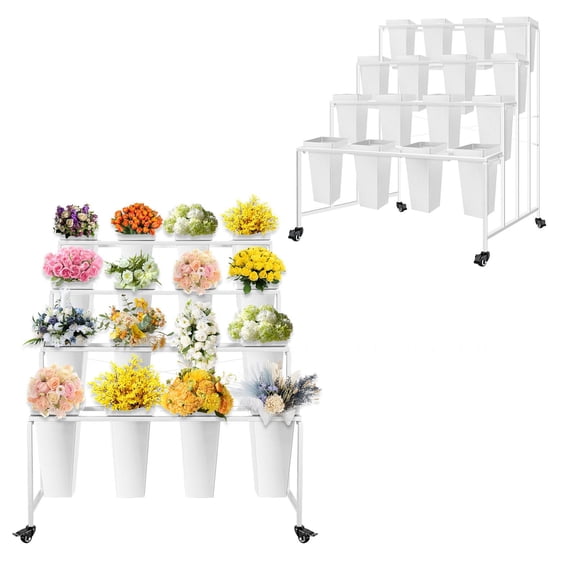 4 Tier Flower Cart, White Metal Flower Display Stand with 16 White Buckets and 4 Wheels, Moving Florist Shelf for Indoor Outdoor Wedding Party Garden Patio