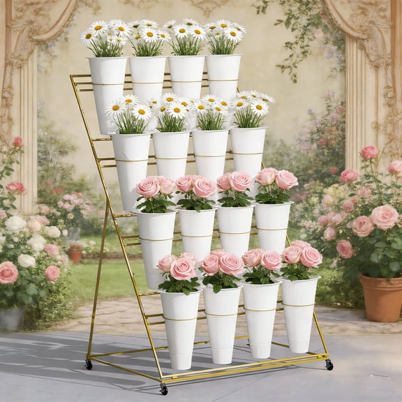 4 Tier Flower Display Stand,Floral Bar with 16 White Buckets,Flower Bar with Wheels,Plant Cart for Wedding Setup,Market Stall,Home Garden