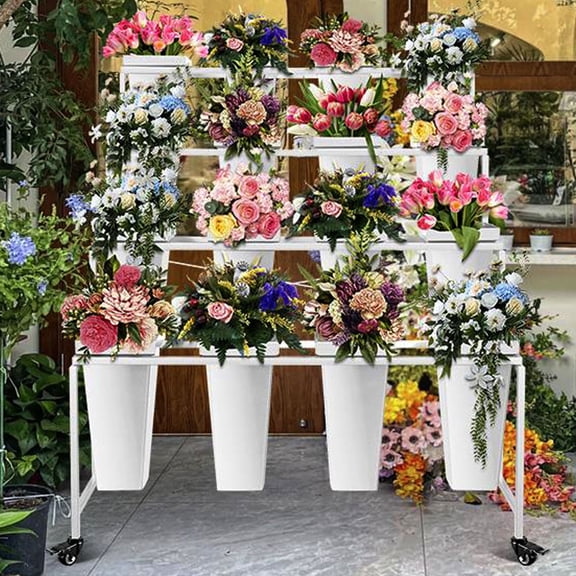 4 Tier Flower Display Stand, Floral Cart with 16 White Buckets, Plant Rack with Wheels, Florist Bouquet Shelf for Patio Garden Weddings Florist Store