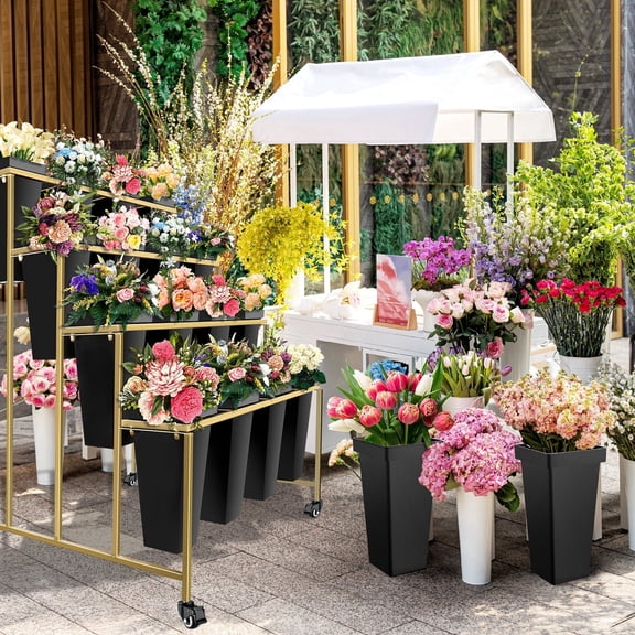 4 Tier Flower Display Stand, Plant Rack with 16 Buckets, Floral Stand with Wheels, Plant Bar for Garden Weddings Terrace Florist Shop Home