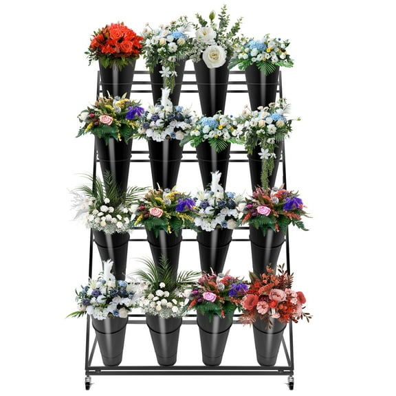 4-Tier Flower Stand with Buckets, Rolling Flower Cart, Floral Display Stand for Indoor, Garden, Living Room