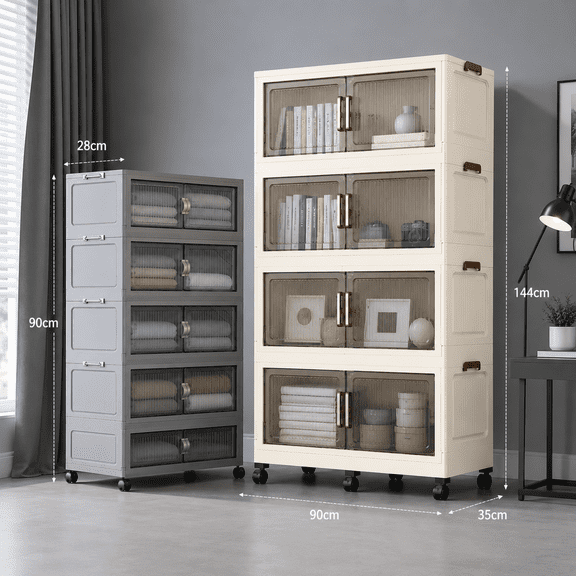 4-Tier Foldable Cabinet Organizer With Clear Front Doors, Stacking Storage Bins On Wheels, Plastic Wardrobe Closet Storage Box With Lids For Kitchen Pantry Bedroom