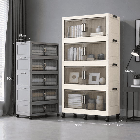 4-Tier Foldable Cabinet Organizer With Clear Front Doors, Stacking Storage Bins On Wheels, Plastic Wardrobe Closet Storage Box With Lids For Kitchen Pantry Bedroom