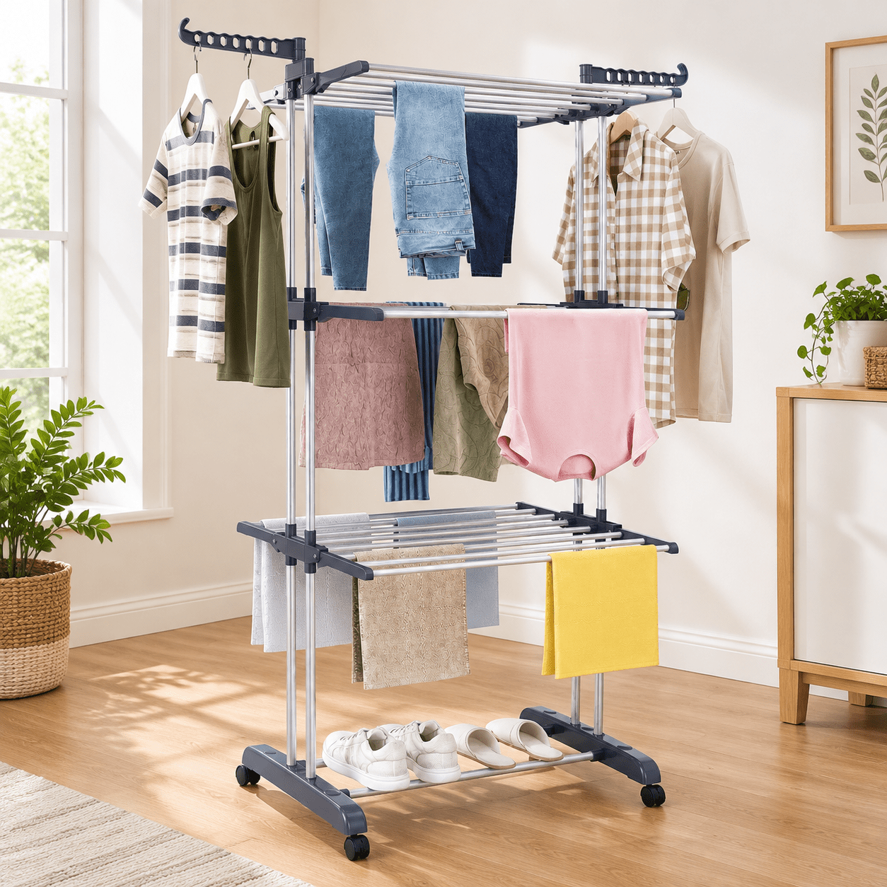 4-Tier Foldable Clothes Drying Rack, Gray, 67.7 Inch Height, Oversized ...