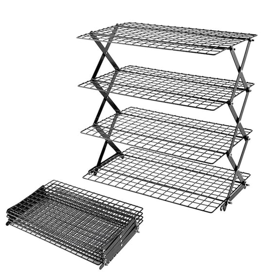 4-Tier Foldable Cooling Rack for Baking - Adjustable Stackable Wire Rack, Non-Stick Heavy Duty Folding Cooling Rack for Cookies, Roasting, Grilling and Drying