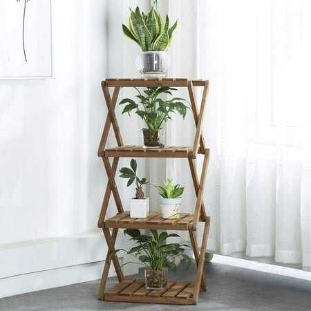 4-Tier Foldable Flower Rack Plant Stand Wood Shelf Multipurpose Utility Storage Rack Books Picture Frames Shelves for Yard Garden Patio Balcony Bedroom Brown