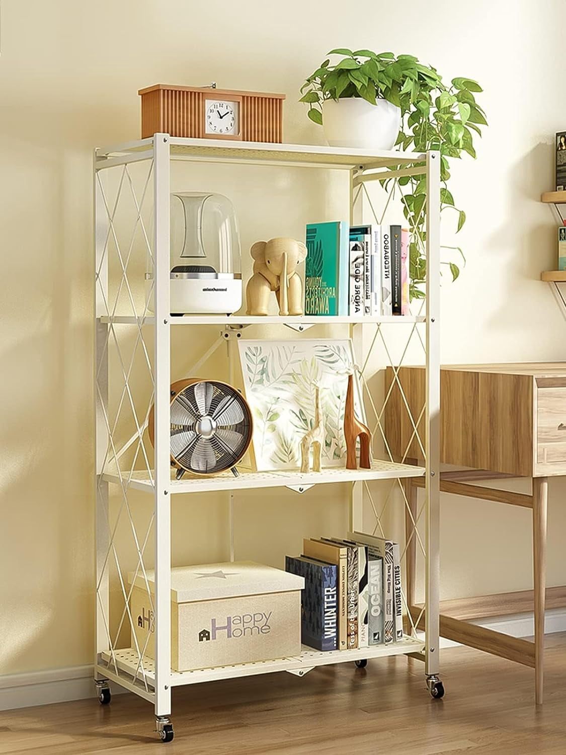 4 Tier Foldable Folding Shelves Heavy Duty Storage Shelving with Wheels ...