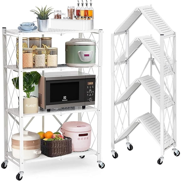 4 Tier Foldable Folding Shelves Heavy Duty Storage Shelving with Wheels Metal Shelf Standing Shelves Units for Home Kitchen Living Room